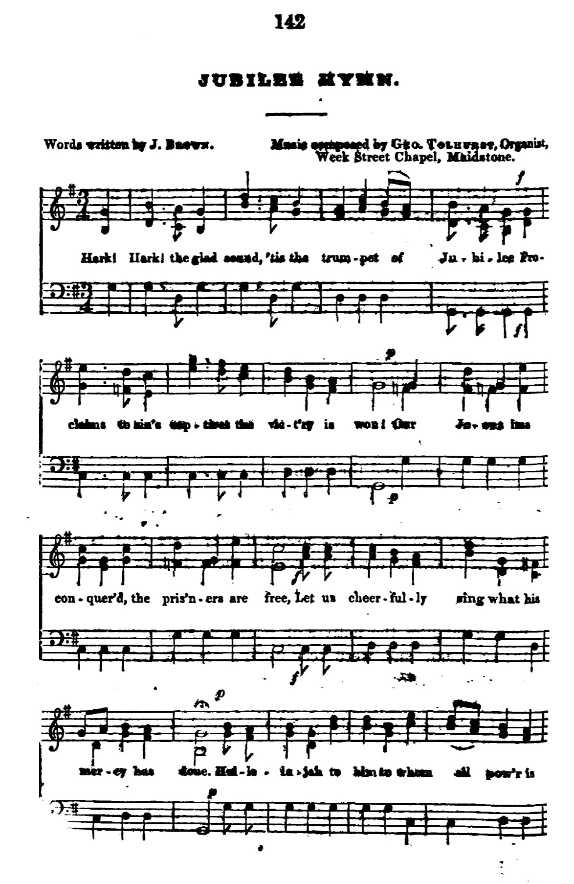 Jubilee hymn, words written by J. Brown; music composed by Geo. Tolhurst, Week Street Chapel, Maidstone, 1845, 1