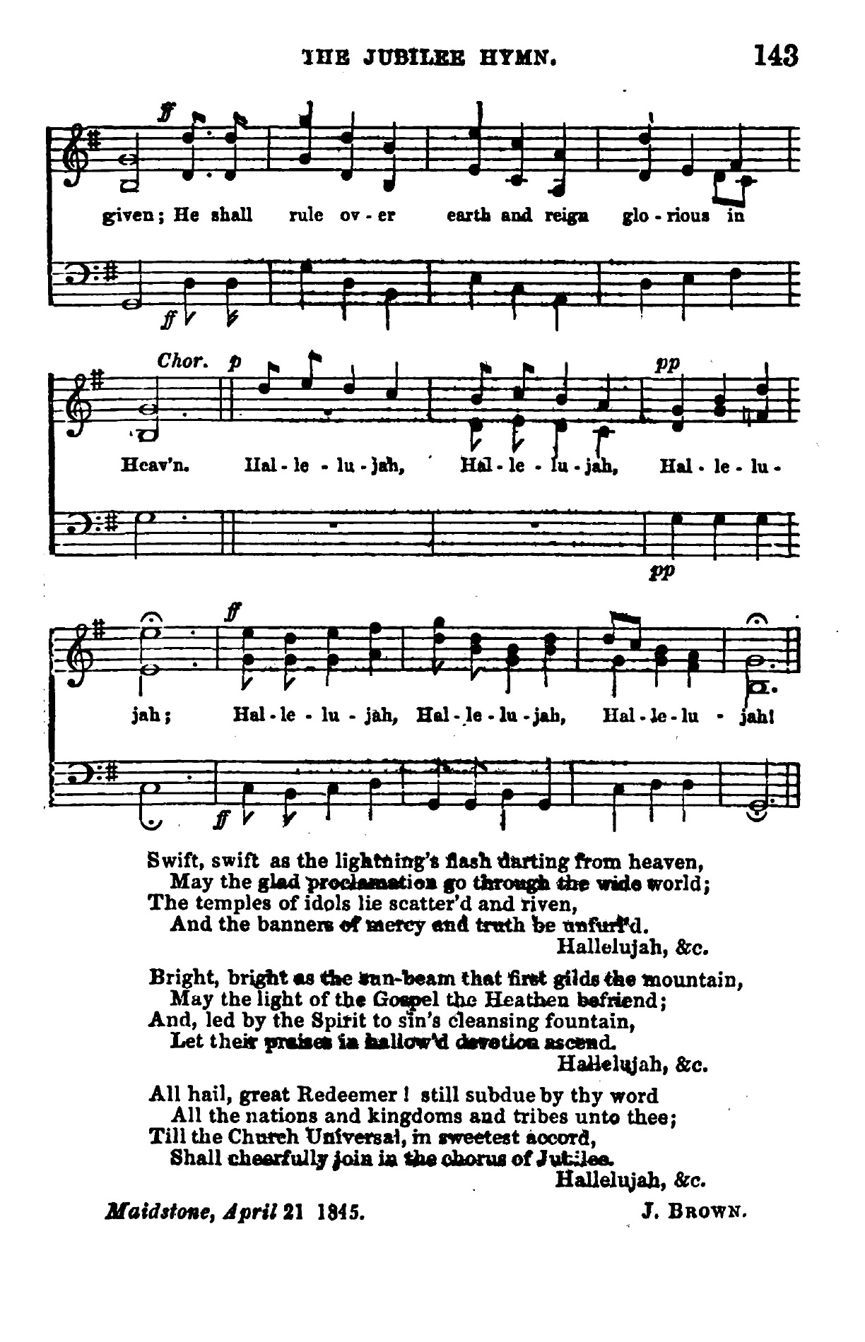 Jubilee hymn, words written by J. Brown; music composed by Geo. Tolhurst, Week Street Chapel, Maidstone, 1845, 2