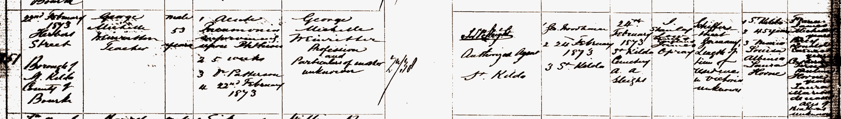 Death record, George Michelle Weinritter, 22 February 1873; Registry of Births, Deaths and Marriages Victoria