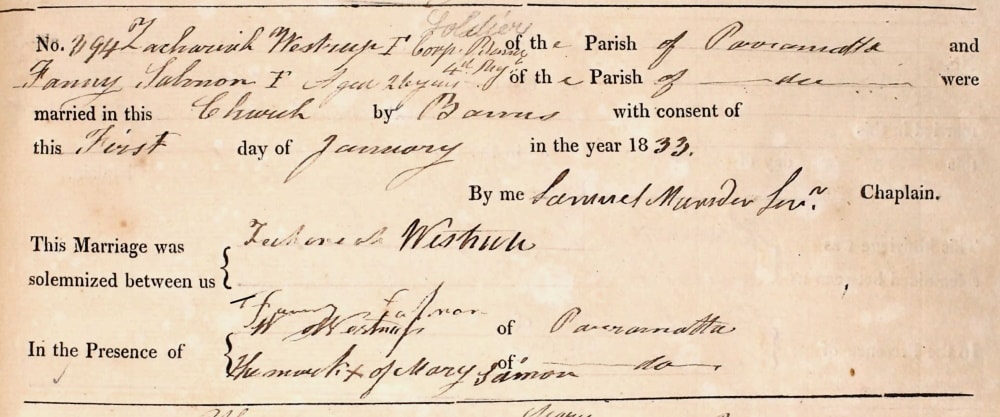 Zachariah Westrup and Fanny Salmon marriage 1 January 1833, St. John's, Parramatta